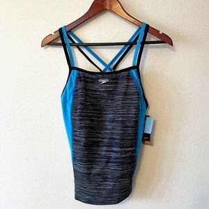 🔥 Speedo | Fit Blue/Black Endurance Lite Removable Cup Tankini Swim Top Sz 8